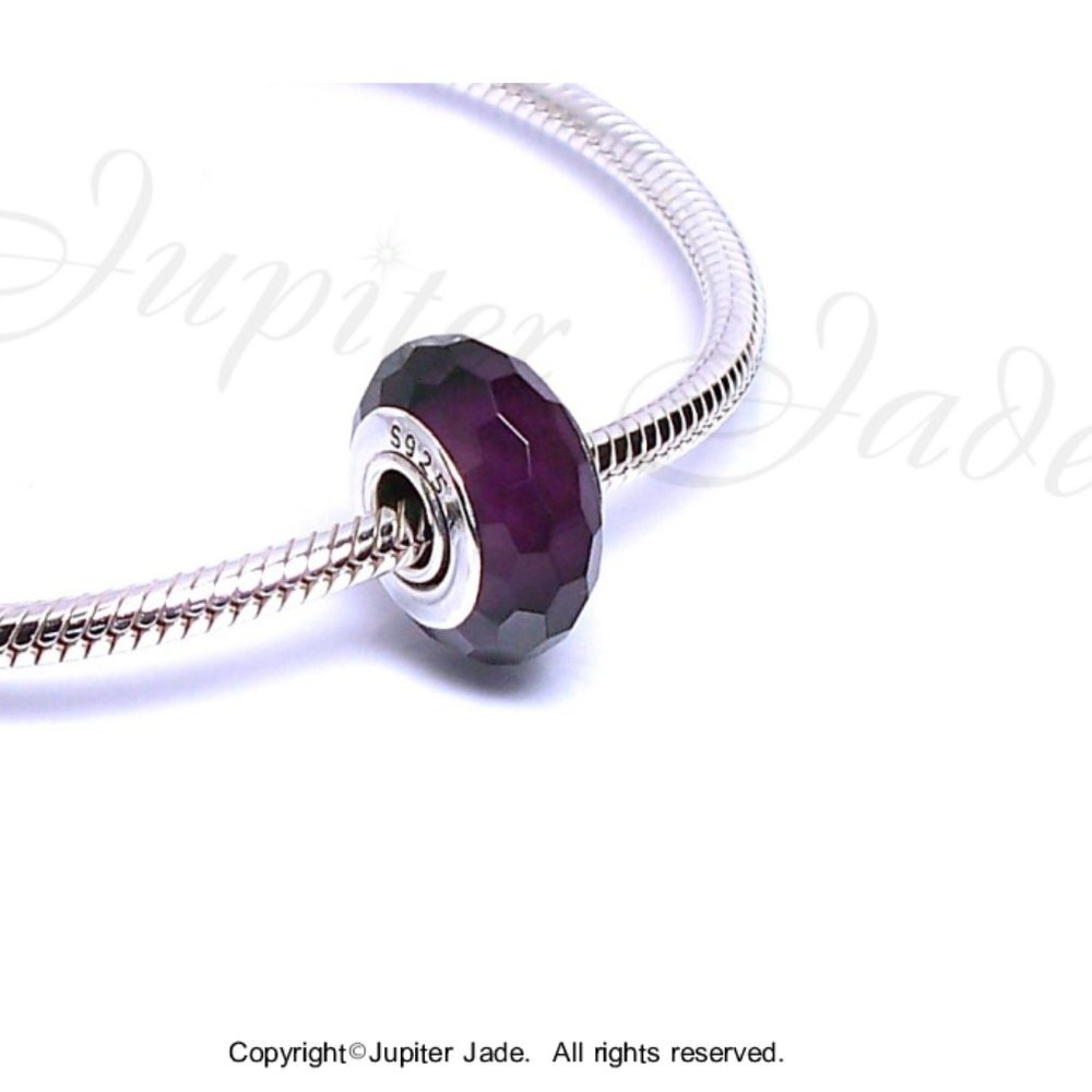 925 Sterling Silver Purple Faceted Glass Bracelet Charm - Pandora Style